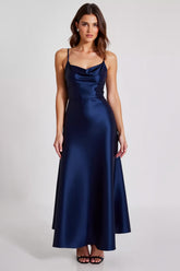 Stretch-Satin Marineblaues Spaghettiträger Etui Abendkleid